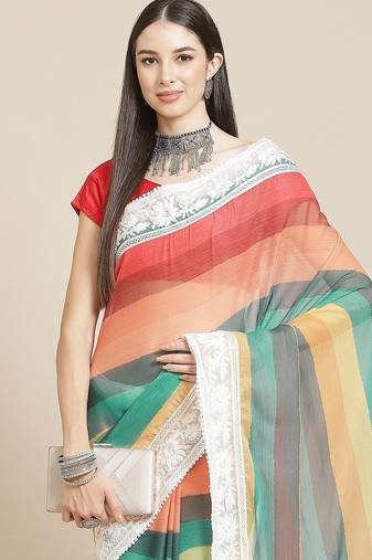 White white & red striped saree