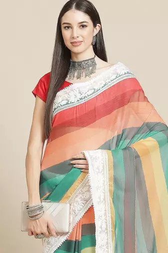 White white & red striped saree