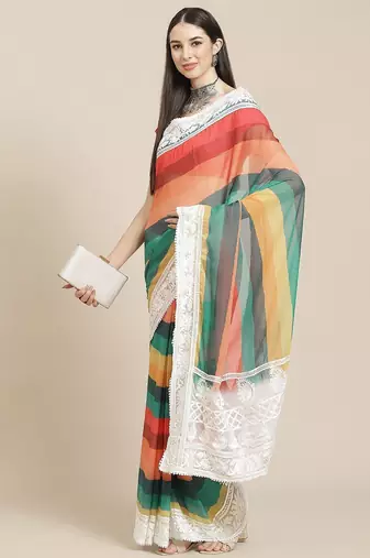 White white & red striped saree