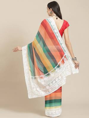 White white & red striped saree 3