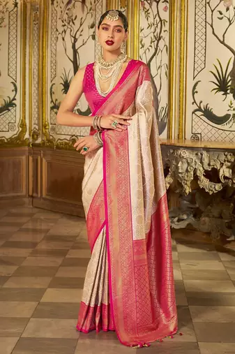 Cream floral zari kanjeevaram saree