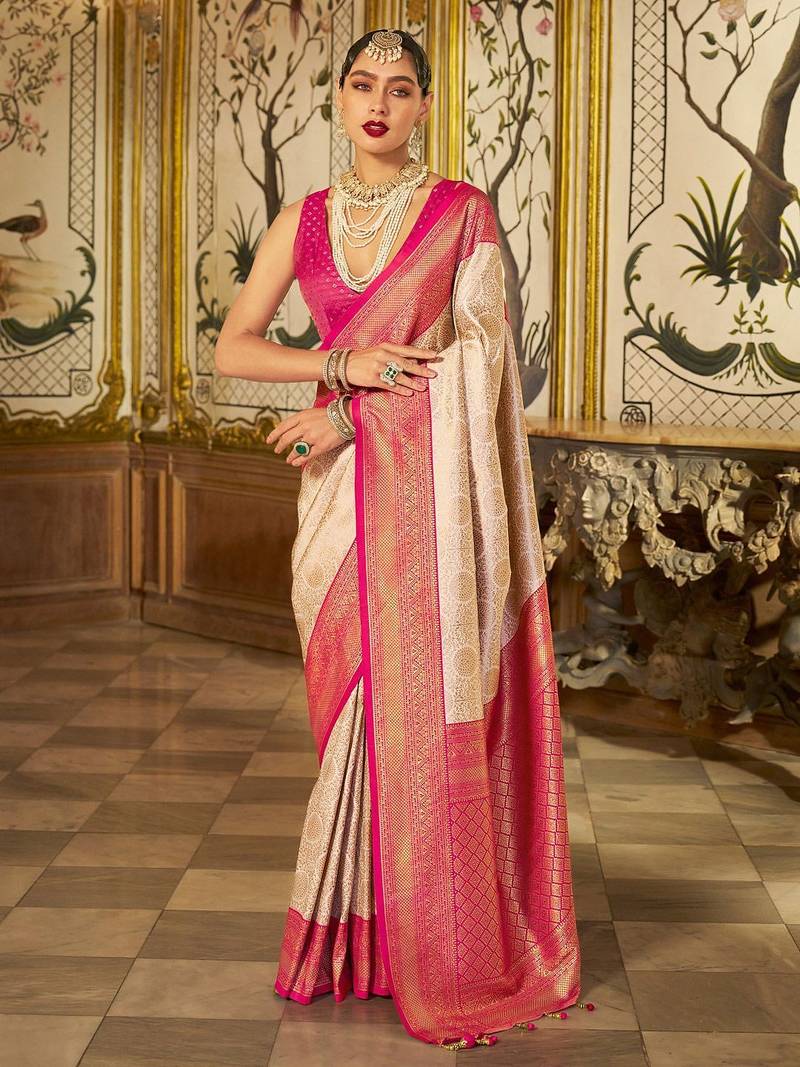 Cream floral zari kanjeevaram saree