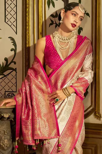 Cream floral zari kanjeevaram saree