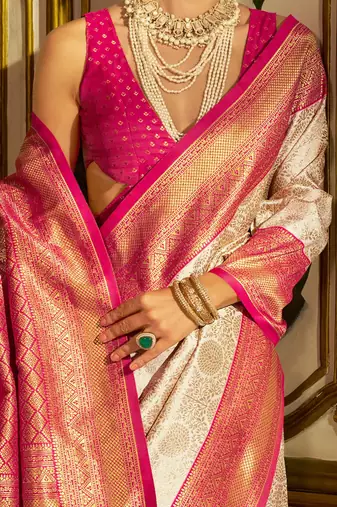 Cream floral zari kanjeevaram saree