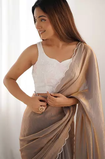 Bronze embroidered satin saree