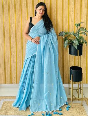 Blue embellished  cotton khadi saree 1