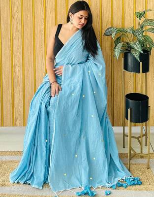 Blue embellished  cotton khadi saree 2