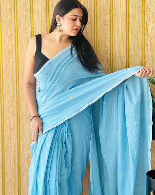 Blue embellished  cotton khadi saree 3