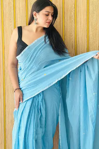 Blue embellished  cotton khadi saree
