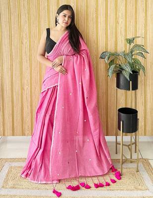 Pink solid sequinned  cotton saree 1
