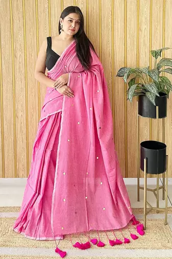 Pink solid sequinned  cotton saree