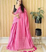 Pink solid sequinned  cotton saree