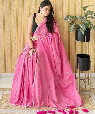 Pink solid sequinned  cotton saree 2