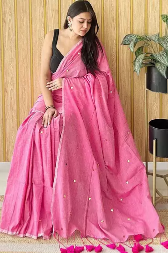 Pink solid sequinned  cotton saree