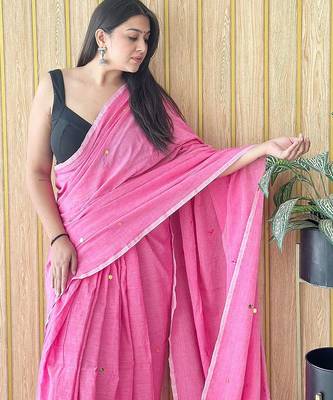 Pink solid sequinned  cotton saree 3