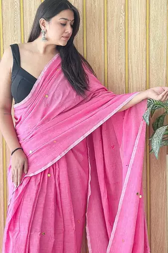 Pink solid sequinned  cotton saree