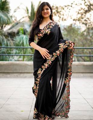 Black black embroidered embellished art silk saree 1