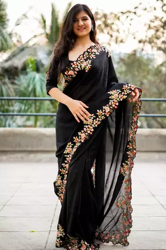 Black black embroidered embellished art silk saree