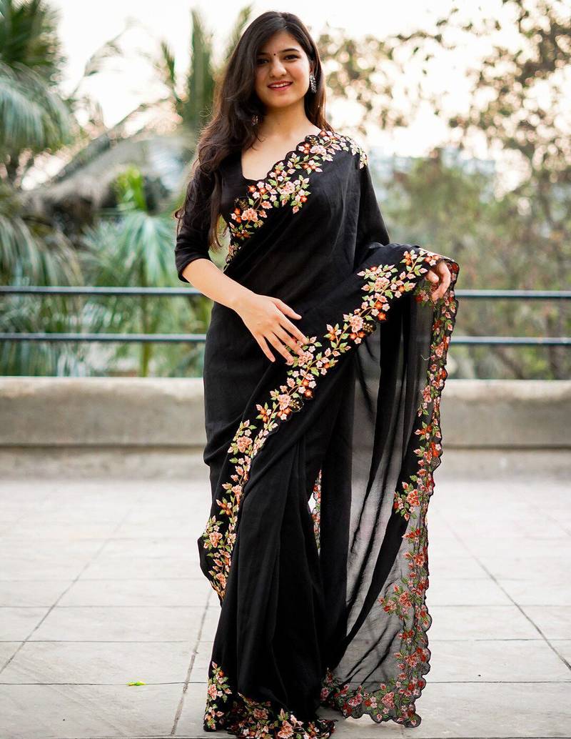 Black black embroidered embellished art silk saree