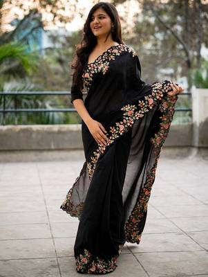 Black black embroidered embellished art silk saree 2