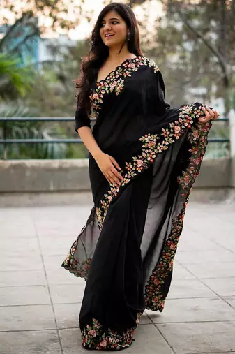Black black embroidered embellished art silk saree