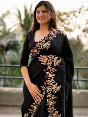 Black black embroidered embellished art silk saree 3