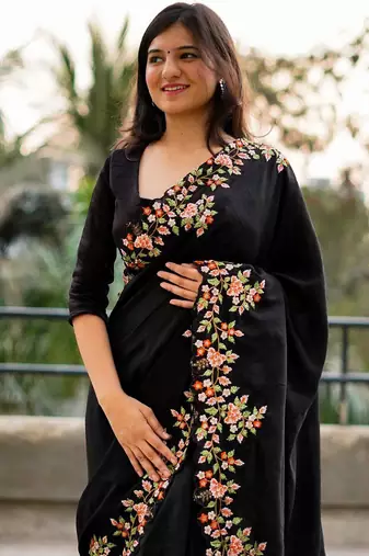 Black black embroidered embellished art silk saree
