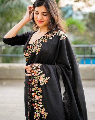 Black black embroidered embellished art silk saree 4