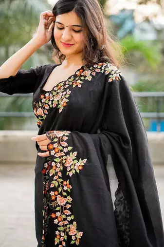 Black black embroidered embellished art silk saree