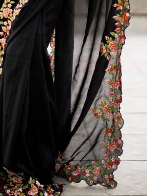 Black black embroidered embellished art silk saree 5