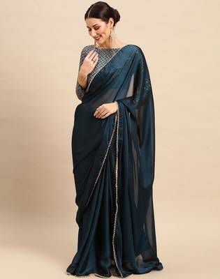 Teal sequinned  georgette saree 3