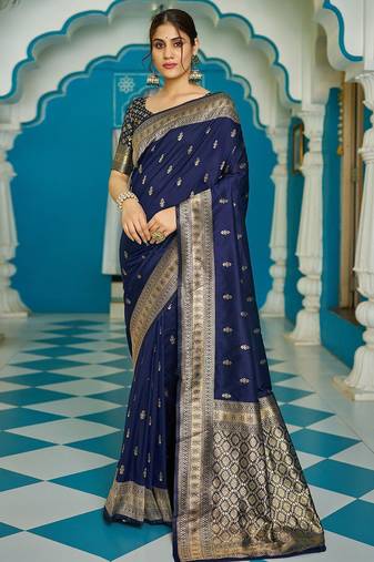 Navy blue ethnic motifs zari silk blend banarasi saree