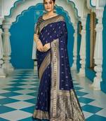 Navy blue ethnic motifs zari silk blend banarasi saree