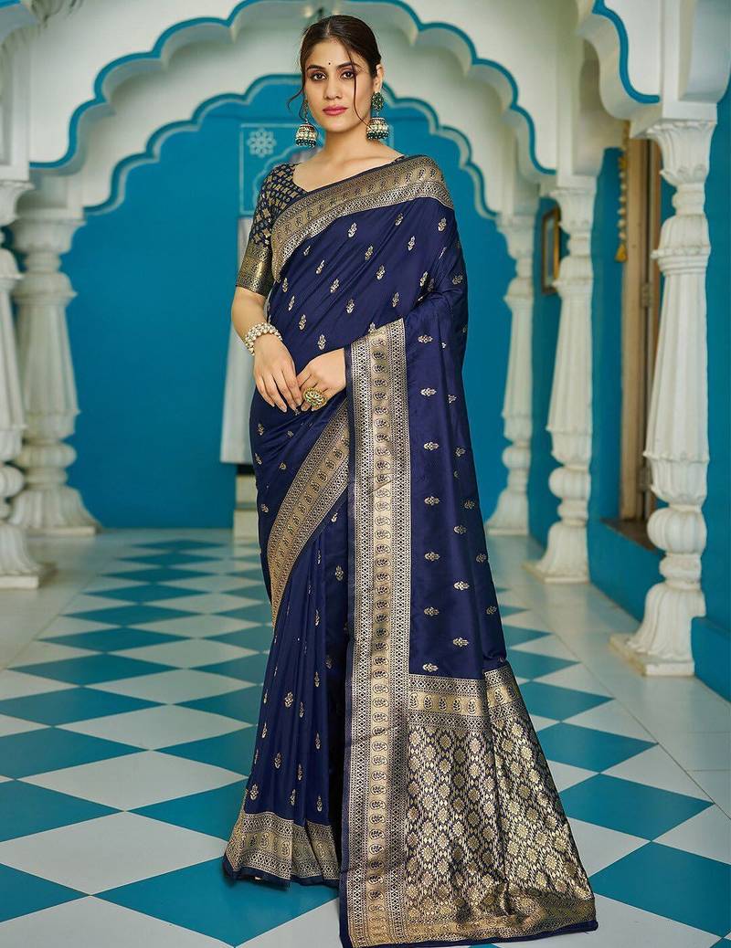 Navy blue ethnic motifs zari silk blend banarasi saree