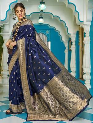 Navy blue ethnic motifs zari silk blend banarasi saree 2