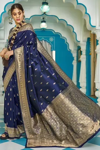 Navy blue ethnic motifs zari silk blend banarasi saree