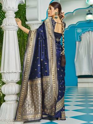Navy blue ethnic motifs zari silk blend banarasi saree 3