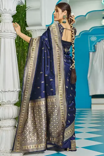 Navy blue ethnic motifs zari silk blend banarasi saree