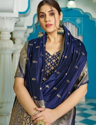 Navy blue ethnic motifs zari silk blend banarasi saree 4