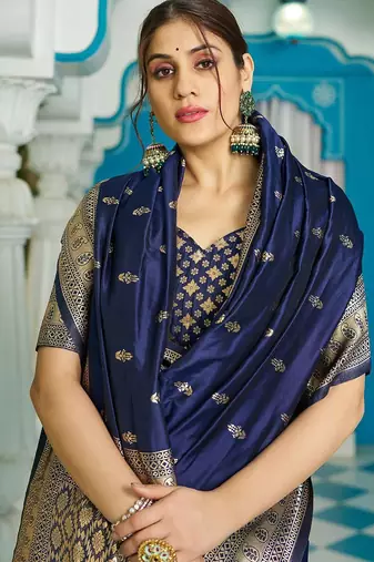 Navy blue ethnic motifs zari silk blend banarasi saree