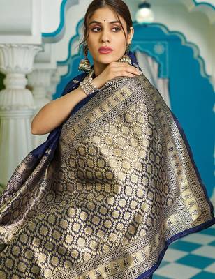 Navy blue ethnic motifs zari silk blend banarasi saree 5
