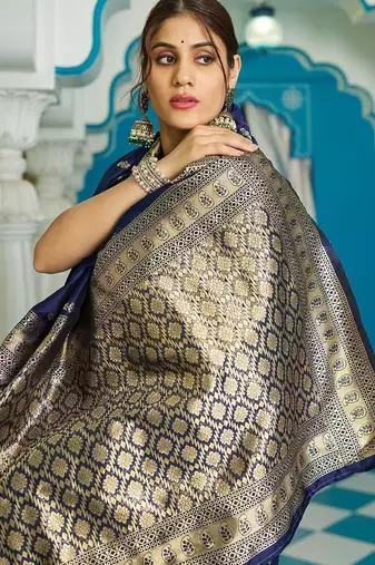 Navy blue ethnic motifs zari silk blend banarasi saree