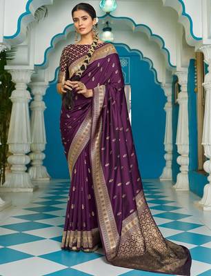 Purple ethnic motifs zari silk blend banarasi saree 1