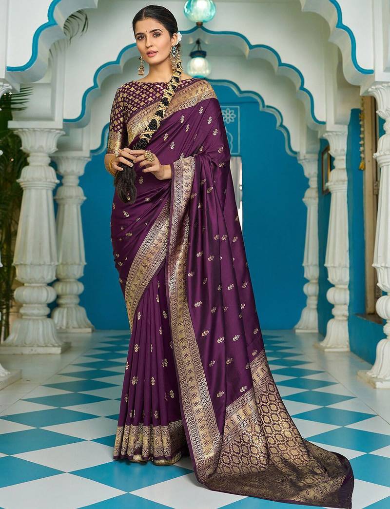 Purple ethnic motifs zari silk blend banarasi saree
