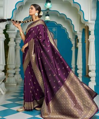 Purple ethnic motifs zari silk blend banarasi saree 2