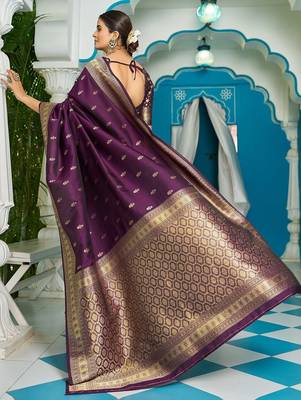 Purple ethnic motifs zari silk blend banarasi saree 3