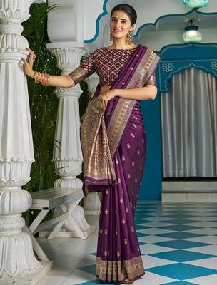 Purple ethnic motifs zari silk blend banarasi saree 4