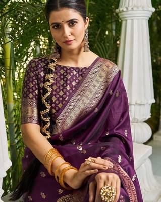 Purple ethnic motifs zari silk blend banarasi saree 5