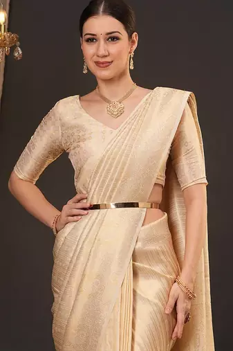 Cream woven design zari silk blend kanjeevaram saree