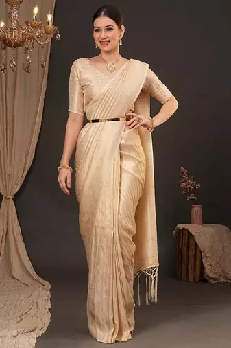 Cream woven design zari silk blend kanjeevaram saree